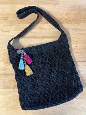 The Sak Collective Black Crochet Shoulder Bag with Colorful Tassel Charms